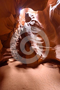 Small Path through Upper Antelope Canyon. Natural rock formation in beautiful colors. Beautiful wide angle view of amazing