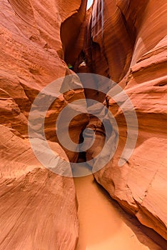 Small Path through Upper Antelope Canyon. Natural rock formation in beautiful colors. Beautiful wide angle view of amazing