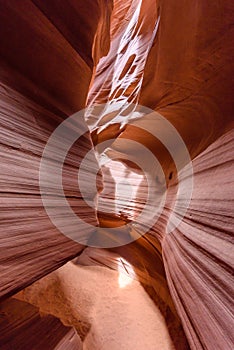 Small Path through Upper Antelope Canyon. Natural rock formation in beautiful colors. Beautiful wide angle view of amazing