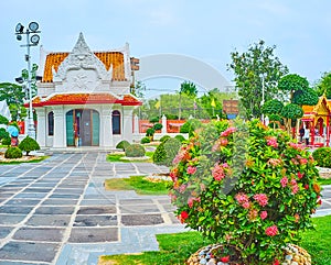 The small pavilion in garden of Wat Benchamabophit Dusitvanaram Marble Temple, Bangkok, Thailand