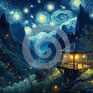 A small pavilion at night view, with mountains, fireflies, twinkling stars, tree, wildplants, Van Gogh, painting art photo