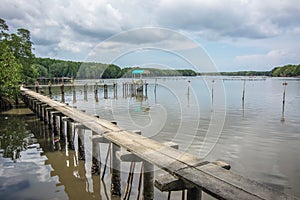 Small pavilion and Small concrete bridge in the river, Thailand.