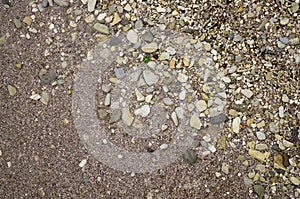 Small pebbles and wet sand on the sea beach; water line.