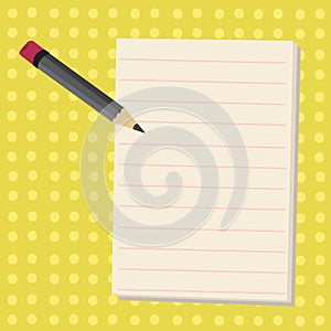 Small Pencil with Eraser and Blank Lined White Paper on Two Toned Polka Dot Backdrop. Seamless Tiny Holes in Pastel