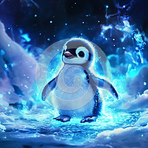 A small penguin is standing on a snowy surface with a blue sky in the background