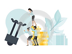 Small people characters develop creative business idea. Team holding big light bulb vector illustration. Business idea