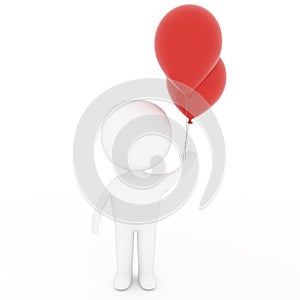 Small people hold red balloons on isolated white in 3D rendering