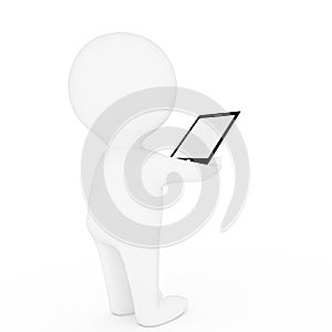 Small people playing tablet technology on isolated white background in 3D rendering
