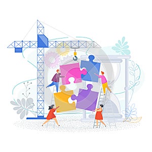 Small people put the pieces of the puzzle together.