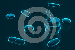 Small people sitting on tablets. Drugs and Pills on blue background. 3d rendering
