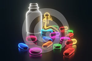 Small people sitting on tablets. Drugs and Pills on blue background. 3d rendering