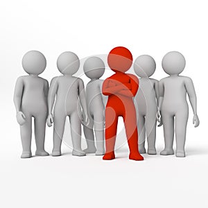 Small person the leader of a team allocated with red colour. 3d rendering. Isolated white background.