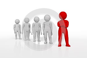 Small person the leader of a team allocated with red colour. 3d rendering. Isolated white background.