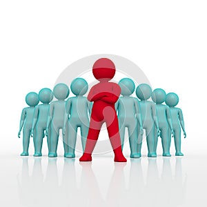 Small person the leader of a team allocated with red colour. 3d rendering. Isolated white background.