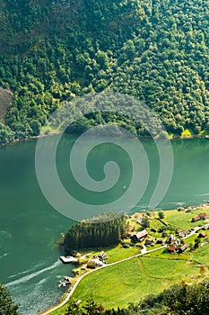 Small picturesque village near Sognefjord fjord in Norway. Amazi