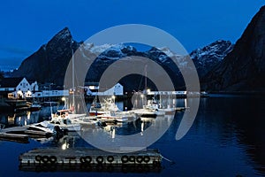 A small pier with ships at Hamnøy with snowclad mountains in the background in the blue hour, Lofoten, Norway