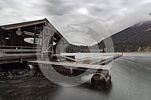 Small pier at spitzingsee lake in bavaria