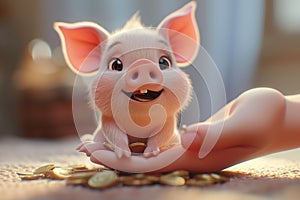 Small Pig Sitting on Pile of Coins