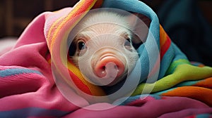 a small pig wrapped in a blanket on top of a bed. generative ai