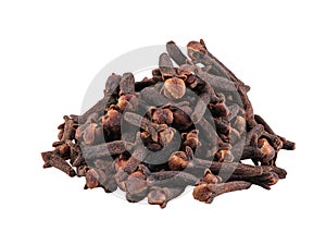 Small pile of clove isolated on white background with copy space for text or images. Spices and herbs. Packaging concept