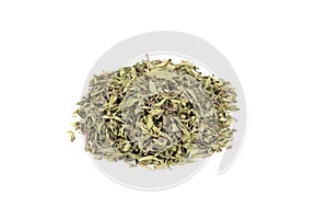 A small pile of dried aromatic thyme on a white background.