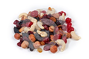 Small pile of mix of different nuts and dried fruits