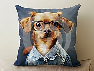 small pillow with a print of a Chihuahua dog in a denim jacket