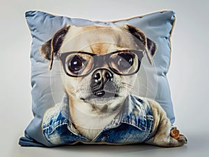 small pillow with a print of a Chihuahua dog in a denim jacket