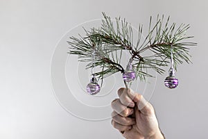 Small pine branch with christmas tree decorations in male hand on gray background.