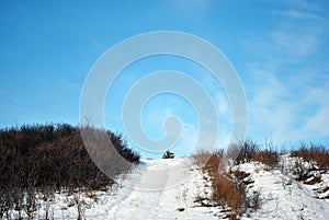 Small pine tree on hill, road covered with snow, on a background of blue cloudy sky