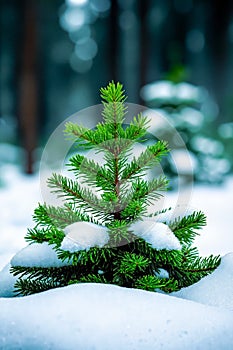A small pine tree in the snow in the woods