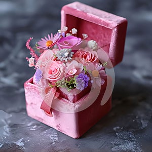 A small pink casket, a box with a colorful small bouquet on a dark background. Flowering flowers, a symbol of spring, new life