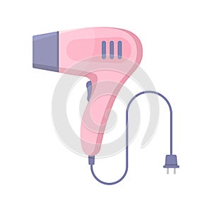 Small pink electric hair dryer with cord and plug vector illustration hair care blowing warm air