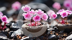 small pink flowers are growing in a pot on top of rocks