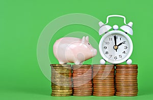 The small pink piggy bank with pile of coins and white alarm clock on green background.