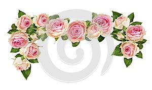 Small pink rose flowers in a floral arrangement isolated on white. Decorative garland