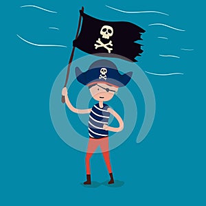 A small pirate in a hat with a black flag in his hands