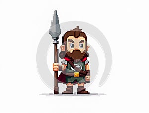 A small, pixelated warrior stands confidently with a spear in hand. photo