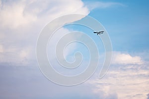 Small plane in the air. Blue sky with white clouds.