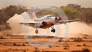 A small plane flies low, skimming over a vast expanse of dirt in this captivating aerial view, Small prop plane landing on a dirt