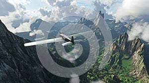 A small plane is flying over a mountain range
