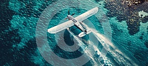 A small plane is flying over the ocean