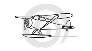 Small plane flying in the sky in continuous line art drawing style.