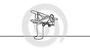 Small plane flying in the sky in continuous line art drawing style.