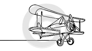 Small plane flying in the sky in one continuous line art drawing style.