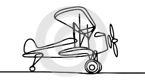 Small plane flying in the sky in one continuous line art drawing style.