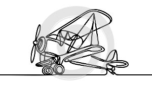 Small plane flying in the sky in one continuous line art drawing style.