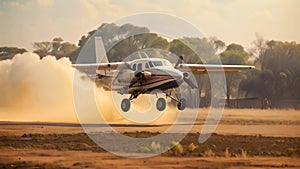 A small plane is seen in the midst of takeoff as it makes its way down a dirt runway, Small prop plane landing on a dirt landing