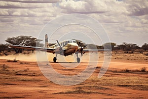 A small plane successfully makes a landing on a dirt road, demonstrating precise control and skill, Small prop plane landing on a