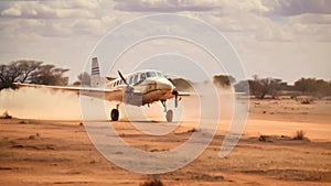 A small plane successfully makes a landing on a dirt road, demonstrating precise control and skill, Small prop plane landing on a